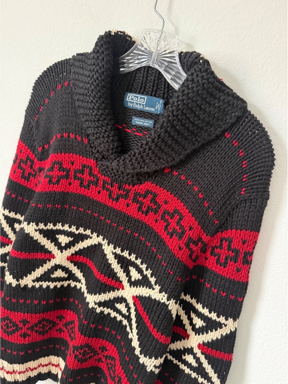 Ralph Lauren VTG 100%Cotton Hand Knit Shawl Neck Aztec Pattern Sweater Size L - Picture 3 of 8